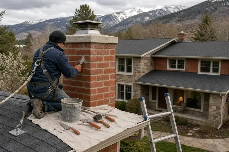 A harnessed mason repointing mortar joints on a red brick chimney with a concrete crown with a pointing trowel; illustrative image