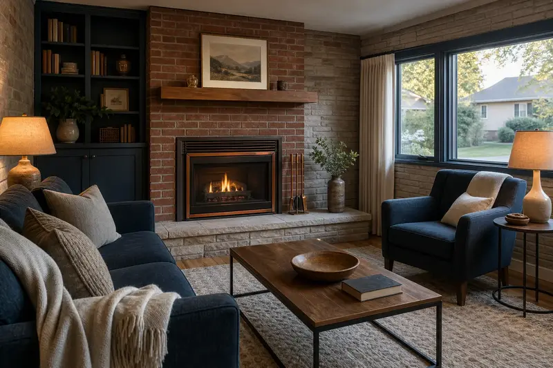 A living room with a direct-vent gas fireplace glowing warmly behind glass, no one present; illustrative image