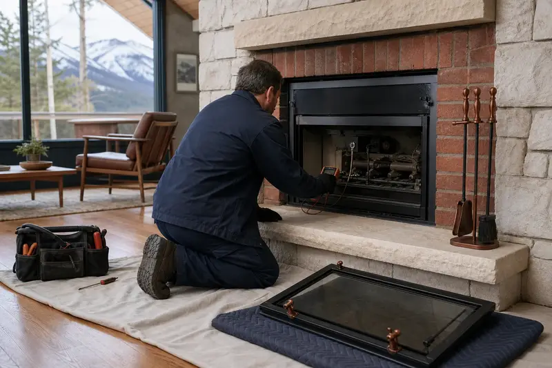 A technician testing the igniter of a gas insert set in a brick opening with the glass front set aside; illustrative image