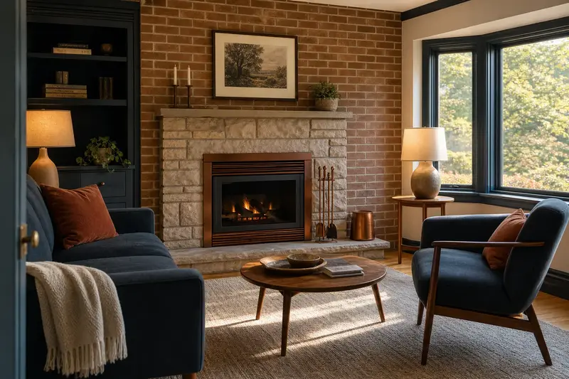 A warm living room with a gas insert set in a brick opening glowing softly behind its glass, no one present; illustrative image