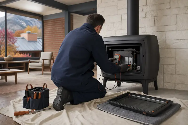 A technician kneeling at a freestanding gas stove with the glass front removed, testing the controls with a multimeter; illustrative image