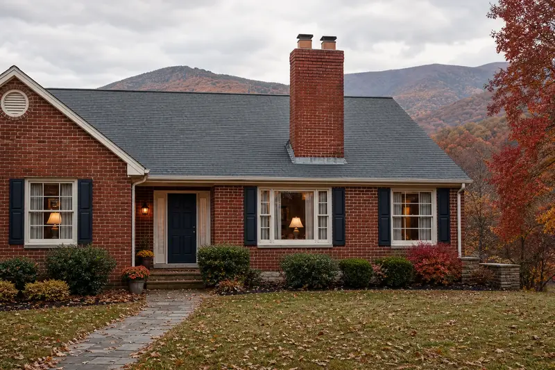 A 1980s brick rambler with a two-flue brick chimney on a steep gable roof of even red brick; illustrative image