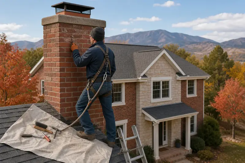 A harnessed mason checking the brick faces of a red brick chimney with a concrete crown near the crown; illustrative image