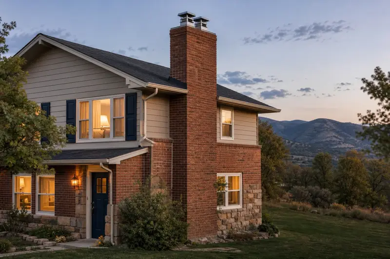 A 1980s split-level house with brick and siding with a two-flue brick chimney on a steep gable roof topped by a new stainless steel cap; illustrative image