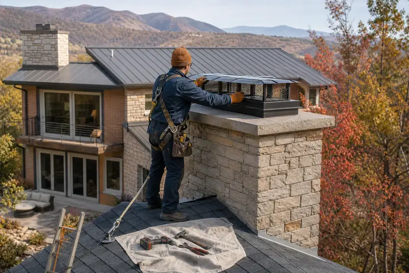 A harnessed technician fastening a multi-flue cap over the crown of a stone-veneer chimney on an asphalt shingle roof; illustrative image