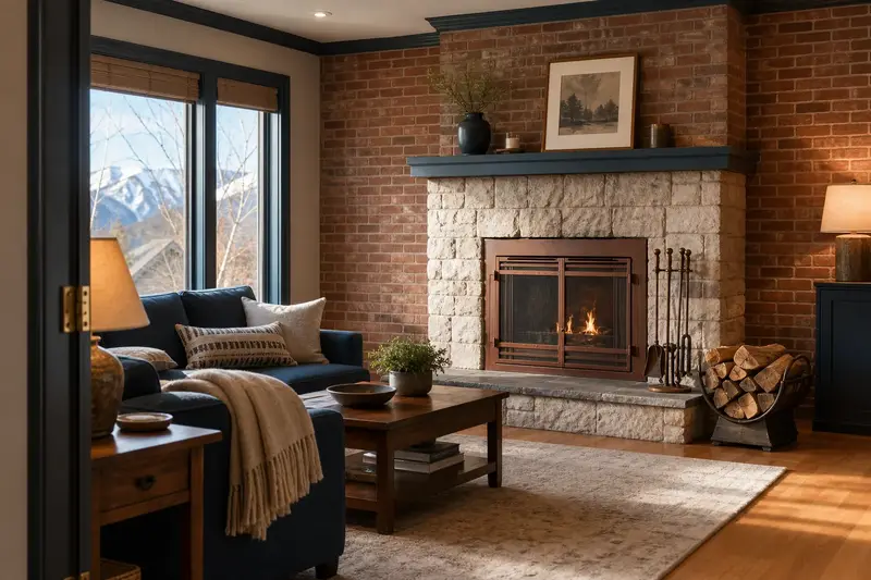 A tidy hearth room with a factory-built wood-burning fireplace with a stone facing, a cleared hearth, fireplace tools and split firewood; illustrative image