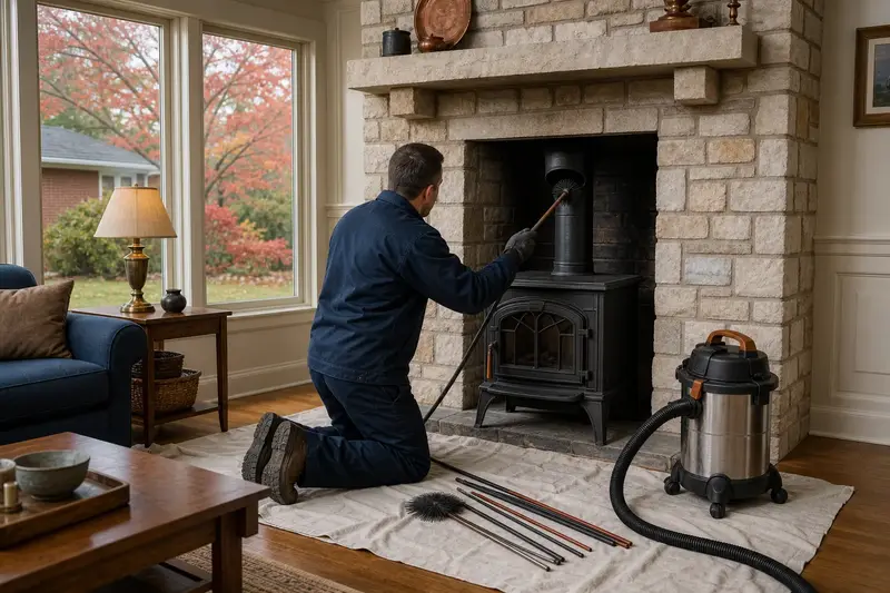 A technician feeding a rotary chimney brush up the flue of a cast-iron wood stove on a stone hearth pad, drop cloths and a sealed vacuum on the hearth; illustrative image