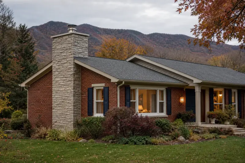 A 1980s brick rambler with a stone-veneer chimney on an asphalt shingle roof and a stainless steel cap; illustrative image