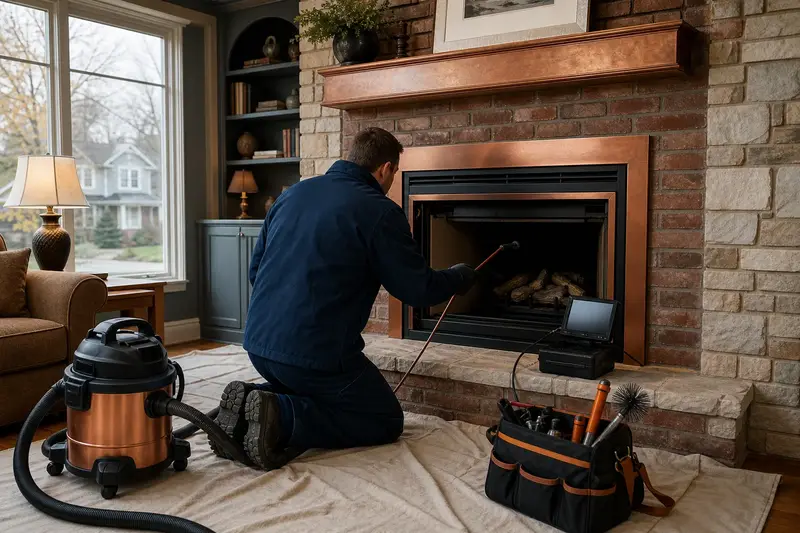 A technician guiding an inspection camera into the firebox of a direct-vent gas fireplace, the fireplace cold and unlit; illustrative image