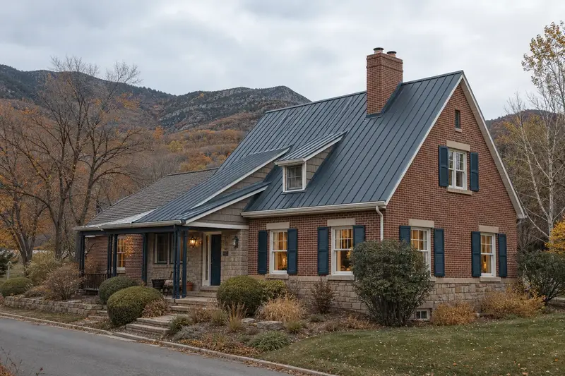A 1980s mountain modern house with a metal roof with a two-flue brick chimney on a steep gable roof and neat, even mortar joints; illustrative image