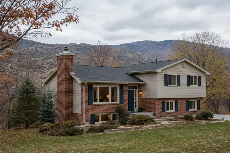 A 1980s split-level house with brick and siding with a red brick chimney with a concrete crown and neat mortar joints; illustrative image