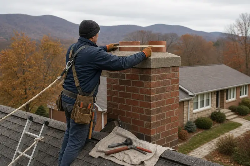 A harnessed mason measuring the crown of a two-flue brick chimney on a steep gable roof with a folding rule; illustrative image