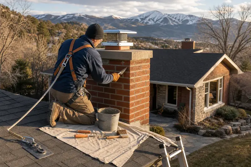 A harnessed mason repointing mortar joints on a red brick chimney with a concrete crown with a pointing trowel; illustrative image