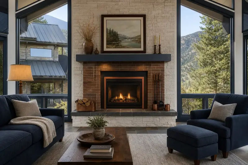 A living room with a direct-vent gas fireplace glowing warmly behind glass, no one present; illustrative image