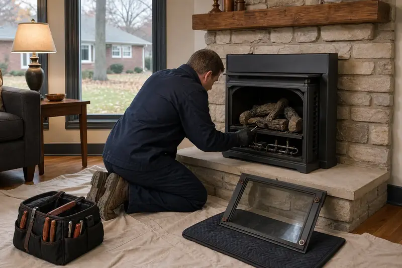 A technician testing the igniter of a freestanding gas stove with the glass front set aside; illustrative image