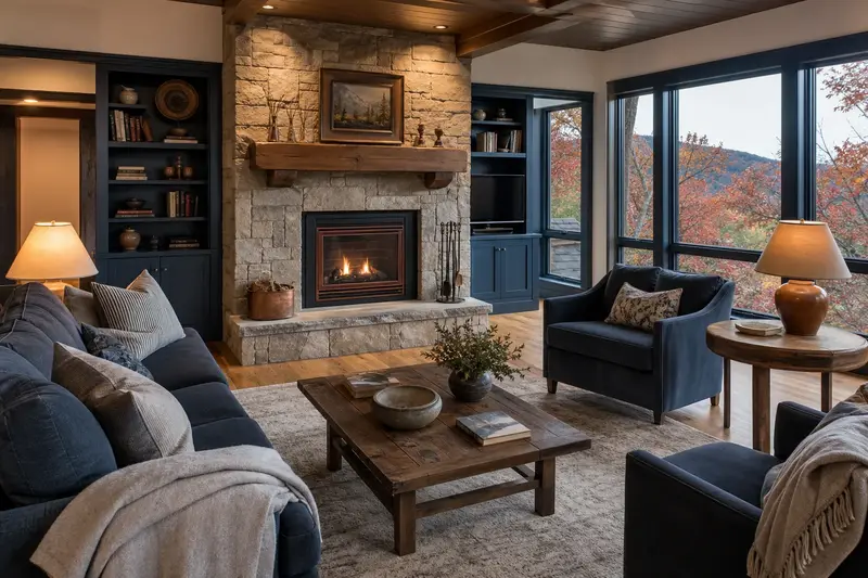 A warm living room with a gas insert set in a brick opening glowing softly behind its glass, no one present; illustrative image