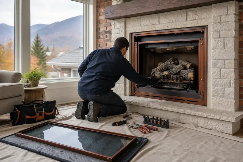 A technician checking the burner and log placement of a direct-vent gas fireplace with the gas off and the glass set aside; illustrative image