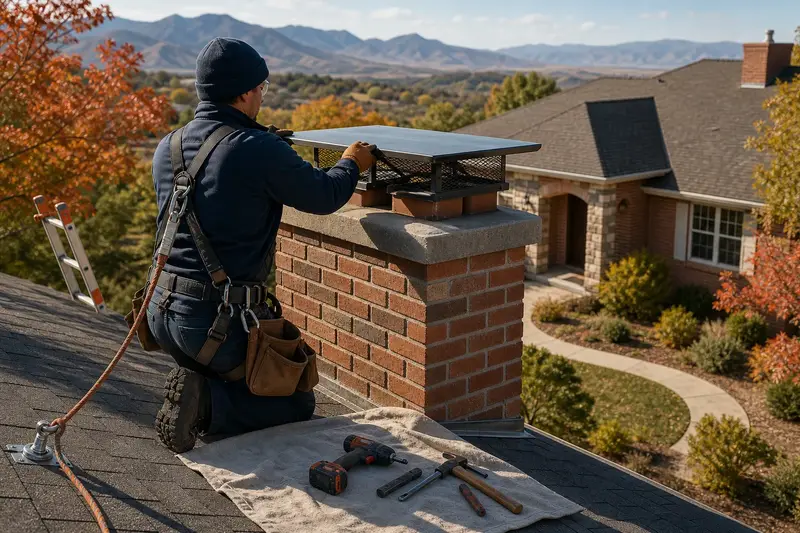A harnessed technician fastening a multi-flue cap over the crown of a two-flue brick chimney on a steep gable roof; illustrative image