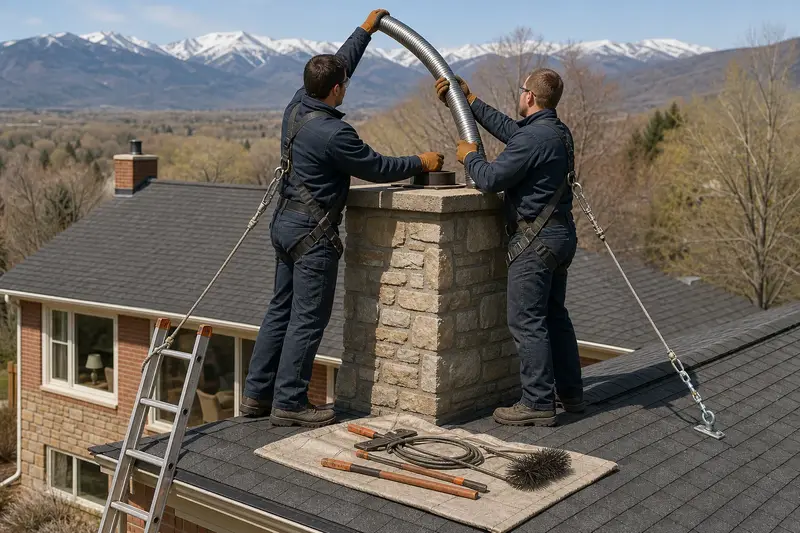 Two harnessed technicians feeding a stainless steel liner into a stone-veneer chimney on an asphalt shingle roof from a dry roof; illustrative image