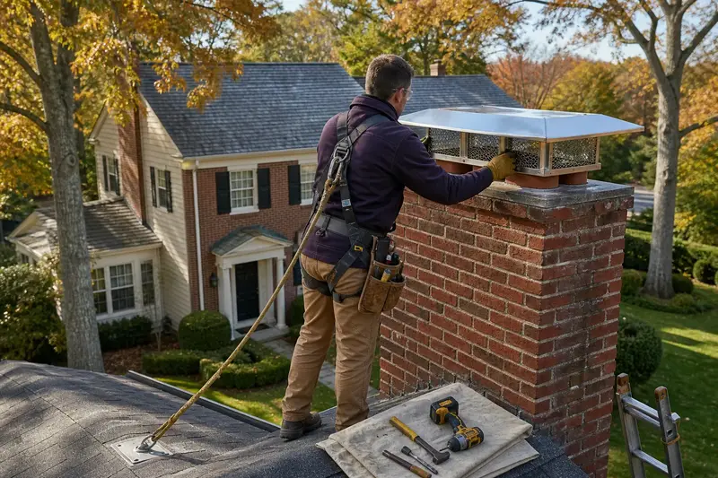 A harnessed technician fastening a multi-flue cap over the crown of a red brick chimney with a stainless steel cap; illustrative image