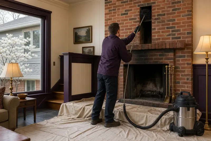 A technician feeding a rotary chimney brush up the flue of an open masonry wood-burning fireplace, drop cloths and a sealed vacuum on the hearth; illustrative image