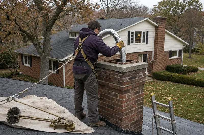 A harnessed technician guiding a flexible stainless steel liner down into the flue at the top of a brick chimney with corbelled top courses; illustrative image