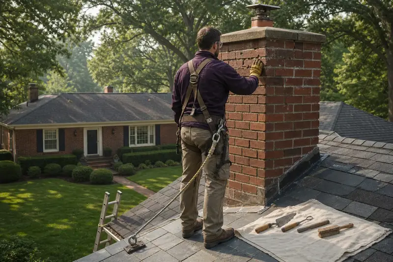 A harnessed mason examining the brickwork of an exterior end brick chimney on a gable roof with a gloved hand; illustrative image