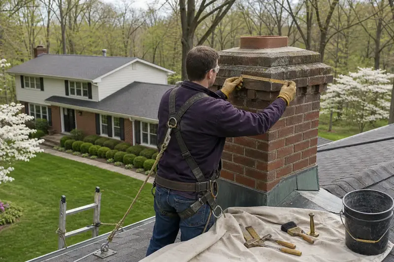 A harnessed mason measuring the crown of a brick chimney with corbelled top courses with a folding rule; illustrative image
