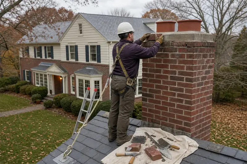 A harnessed mason setting a replacement brick near the top of a two-flue brick chimney with a concrete crown on a slate roof; illustrative image