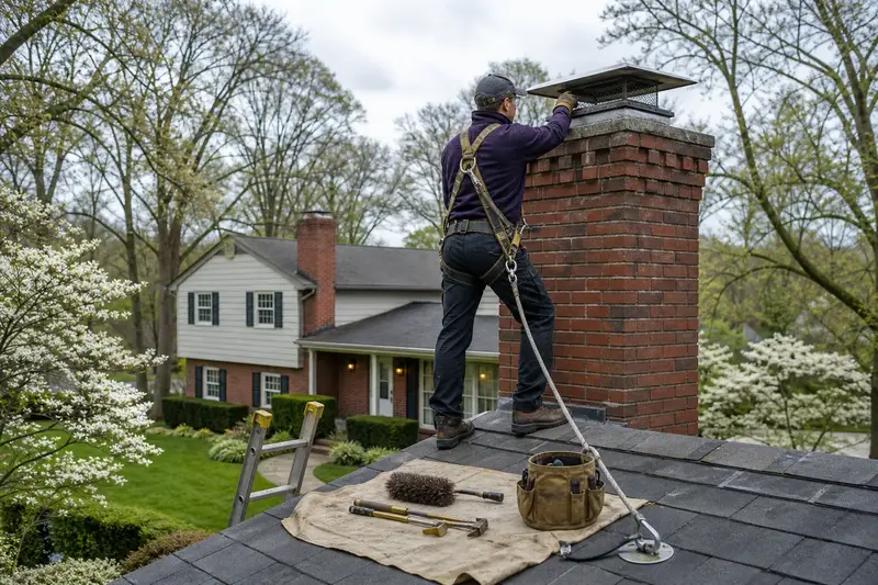 A harnessed technician checking the cap and crown of a brick chimney with corbelled top courses before the heating season; illustrative image