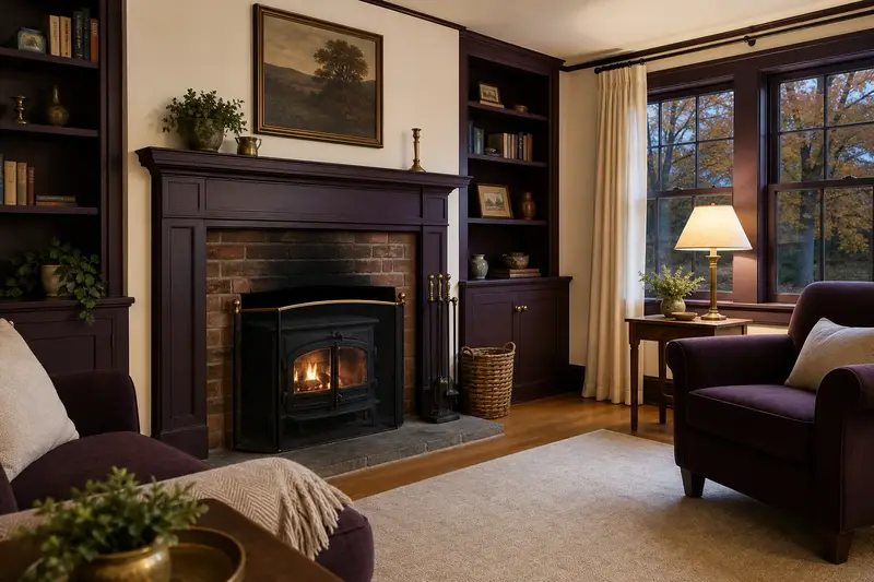 A calm sitting room with a cast-iron wood stove on a stone hearth pad, a clear hearth and fireplace tools on a stand, no one present; illustrative image