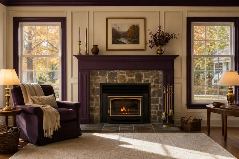 A quiet hearth room with a factory-built wood-burning fireplace with a stone facing and a reading chair; illustrative image