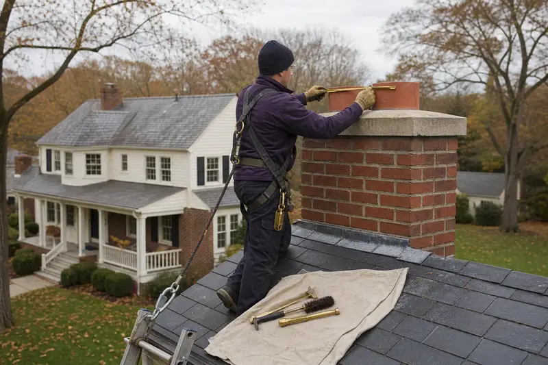 A harnessed technician measuring a two-flue brick chimney with a concrete crown on a slate roof on a dry roof; illustrative image