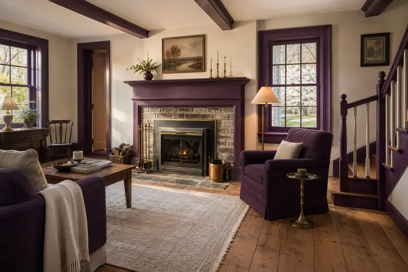 A period hearth room with a factory-built wood-burning fireplace with a stone facing and an original carved wood mantel; illustrative image
