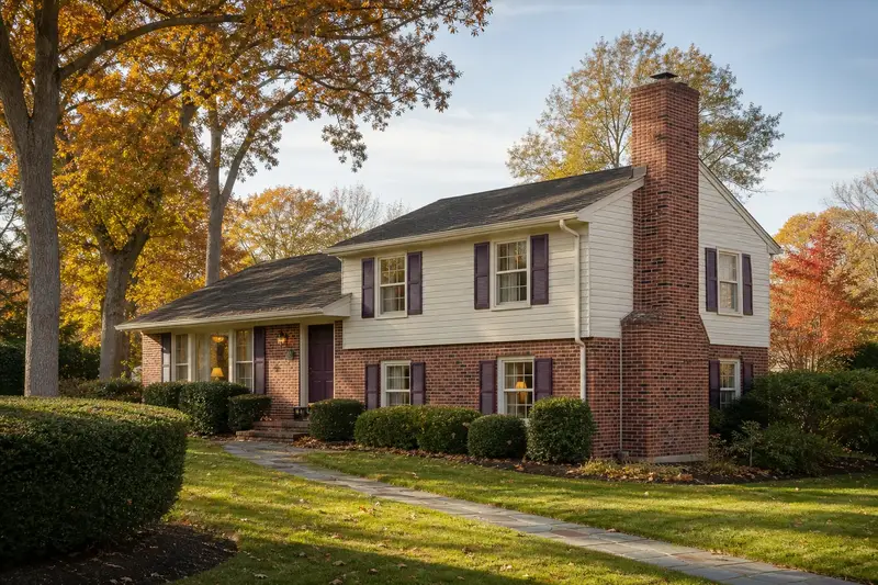 A 1970s split-level house with brick and siding with an exterior end brick chimney on a gable roof and period details; illustrative image