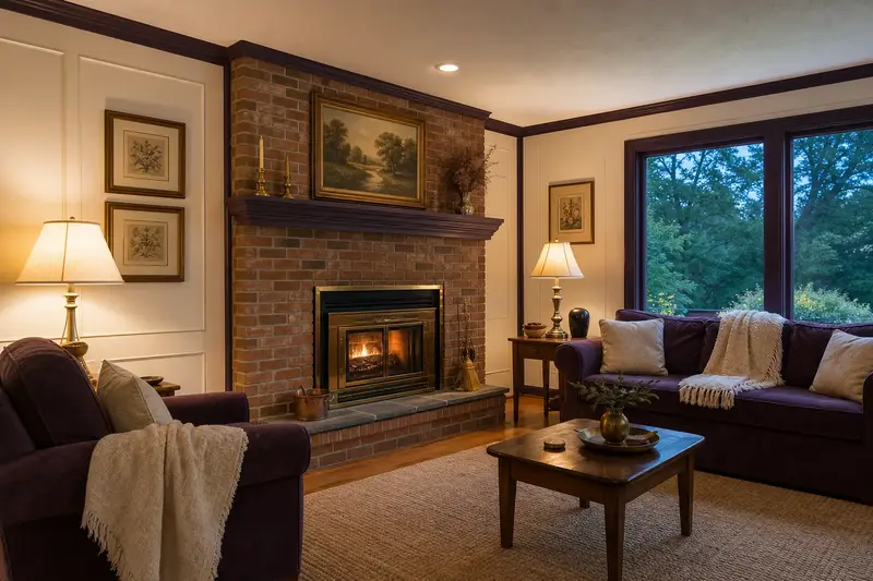 A quiet hearth room with a wood-burning insert in a brick opening and a garden view through the windows; illustrative image