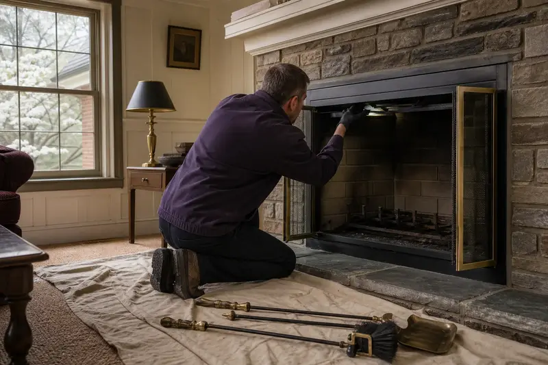 A technician checking the damper of a factory-built wood-burning fireplace with a stone facing with a flashlight, drop cloths on the hearth, the fireplace cold; illustrative image