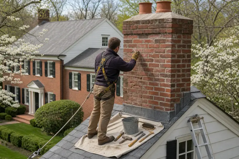 A harnessed mason checking the brick faces of an exterior end brick chimney on a gable roof near the crown; illustrative image