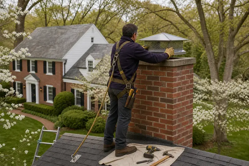 A harnessed technician setting a stainless steel mesh chimney cap onto an exterior end brick chimney on a gable roof; illustrative image