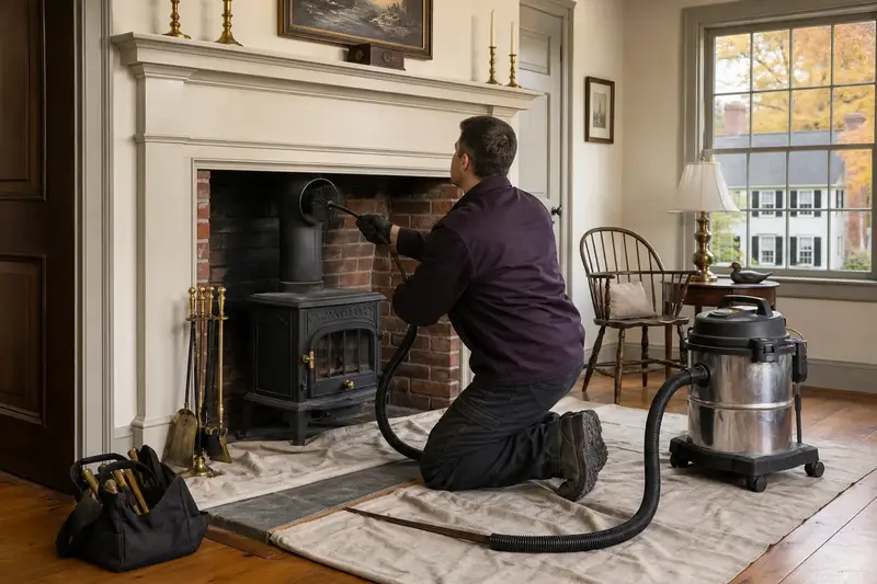 A technician feeding a rotary chimney brush up the flue of a cast-iron wood stove on a stone hearth pad, drop cloths and a sealed vacuum on the hearth; illustrative image
