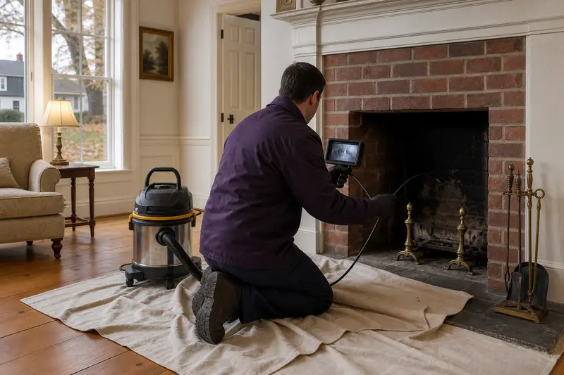 A technician guiding an inspection camera into the firebox of an open masonry wood-burning fireplace, the fireplace cold and unlit; illustrative image
