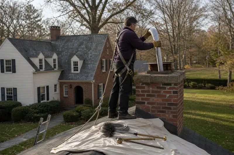 A harnessed technician guiding a flexible stainless steel liner down into the flue at the top of an exterior end brick chimney on a gable roof; illustrative image