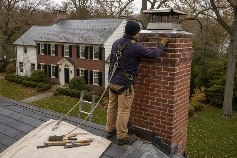 A harnessed mason examining the brickwork of a red brick chimney with a stainless steel cap with a gloved hand; illustrative image