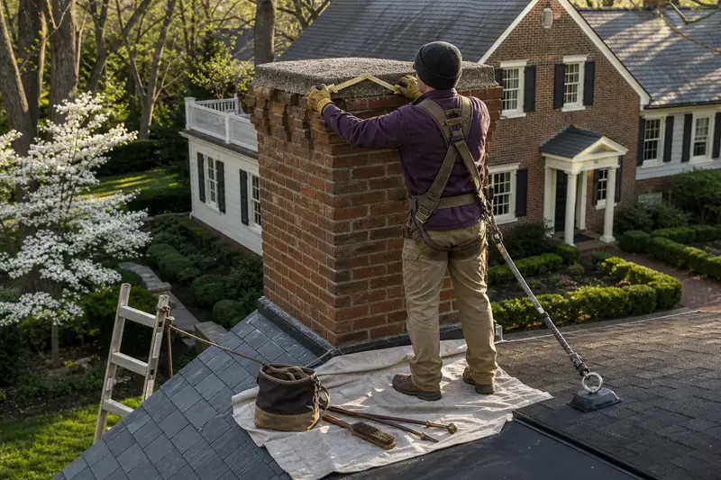 A harnessed mason measuring the crown of a brick chimney with corbelled top courses with a folding rule; illustrative image