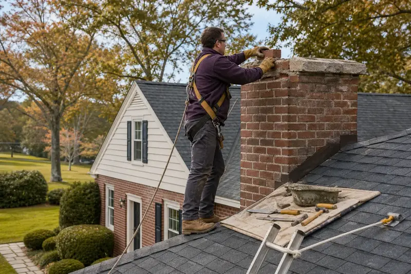 A harnessed mason setting a replacement brick near the top of an exterior end brick chimney on a gable roof; illustrative image