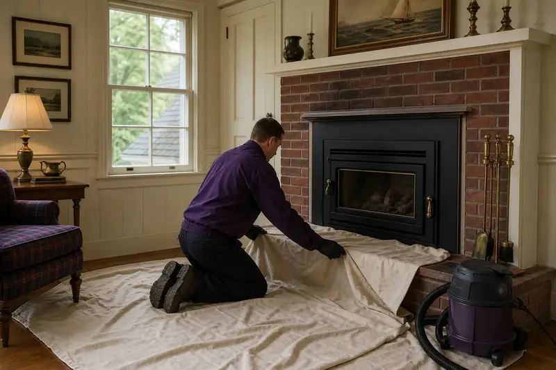 A technician laying drop cloths before servicing a gas insert set in a brick opening, the fireplace cold; illustrative image