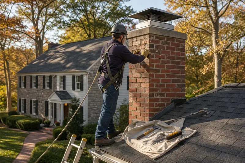 A harnessed mason checking the brick faces of a red brick chimney with a stainless steel cap near the crown; illustrative image