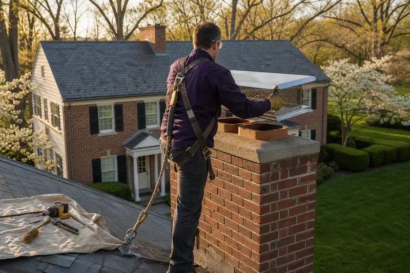 A harnessed technician setting a stainless steel mesh chimney cap onto a two-flue brick chimney with a concrete crown on a slate roof; illustrative image