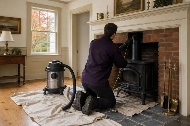 A technician feeding a rotary chimney brush up the flue of a cast-iron wood stove on a stone hearth pad, drop cloths and a sealed vacuum on the hearth; illustrative image