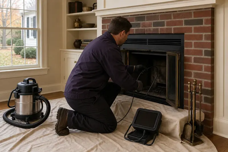 A technician guiding an inspection camera into the firebox of a wood-burning insert in a brick opening, the fireplace cold and unlit; illustrative image